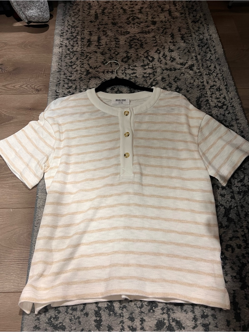 White & beige Striped Short Sleeve Henley Top